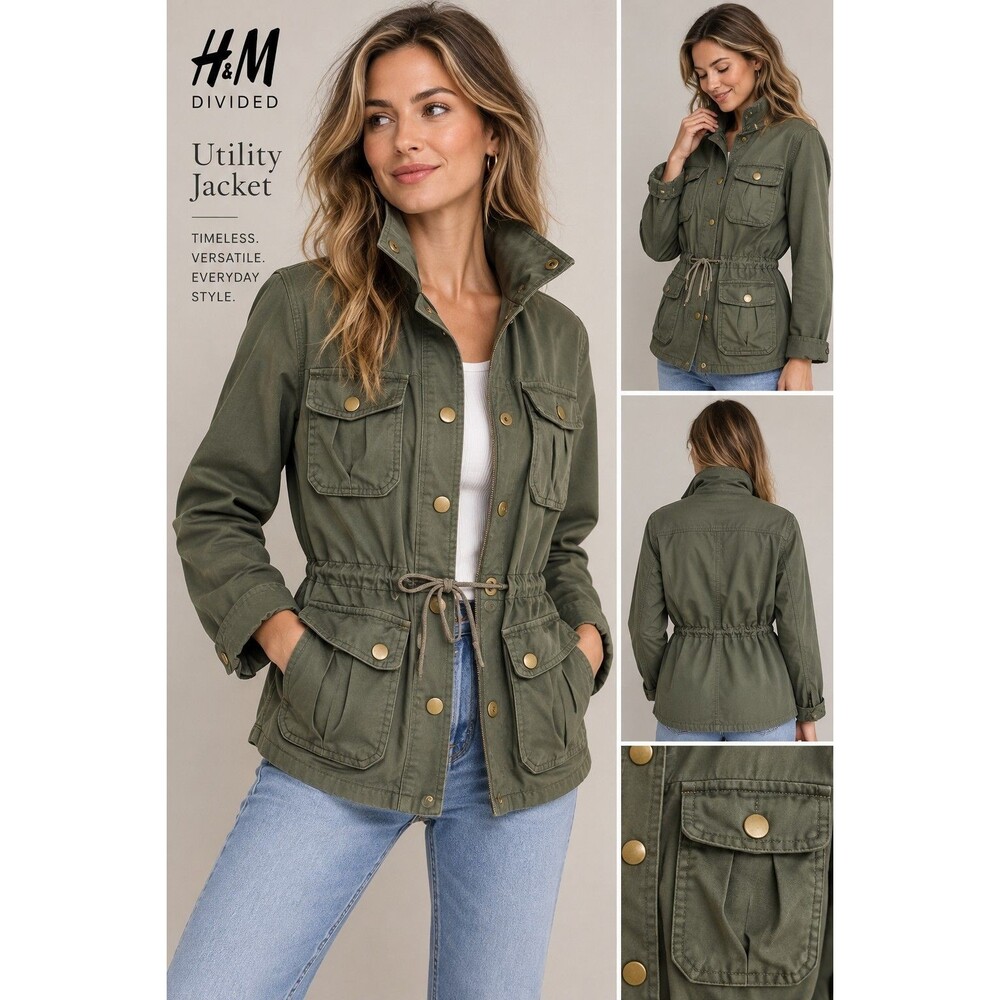 H&M Divided Womens Utility Jacket Size 6 Olive Green 100% Cotton Military Cargo